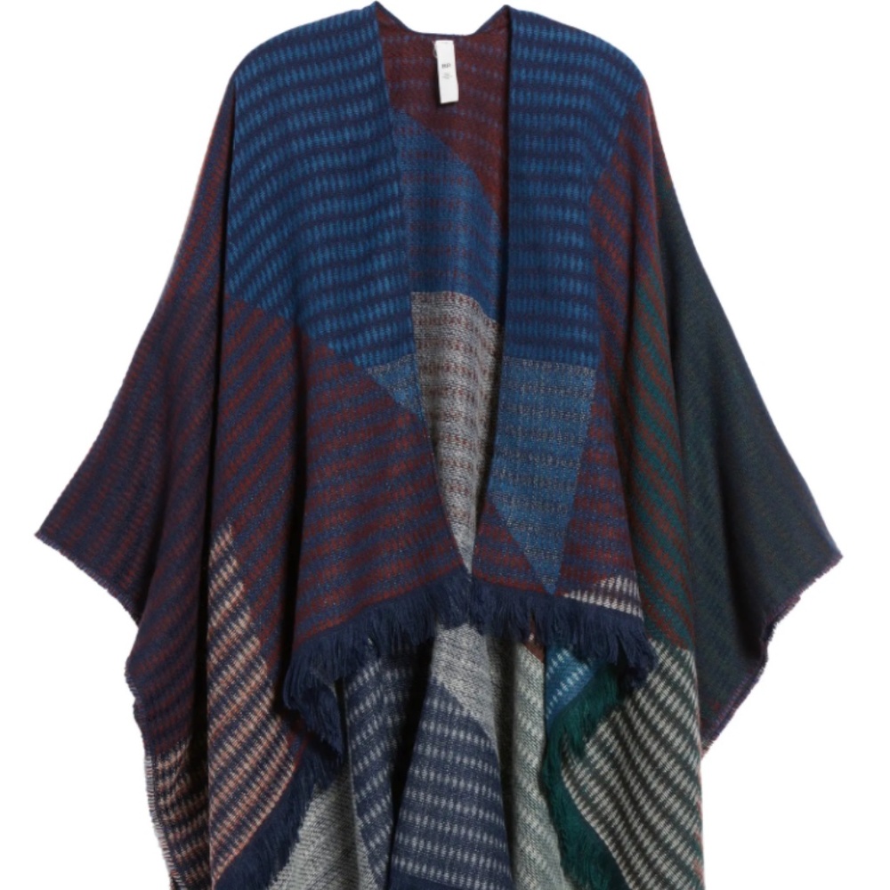 BP Multicolor Plaid Check Ruana Poncho, OS